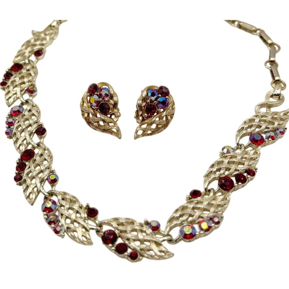 Lisner semi parure vintage necklace and clip on earrings with AB crystals